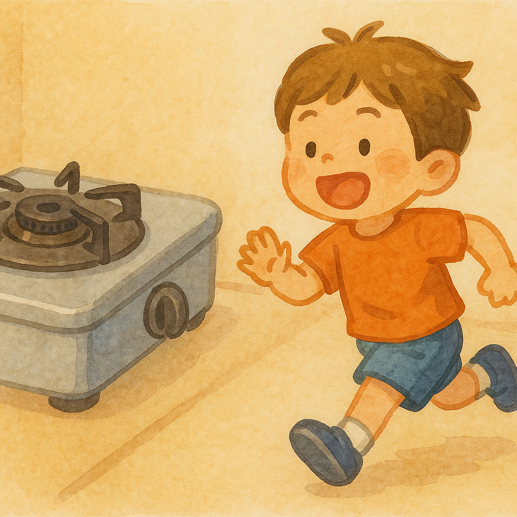 ガスコンロの周りで子供が走り回るイラスト画像