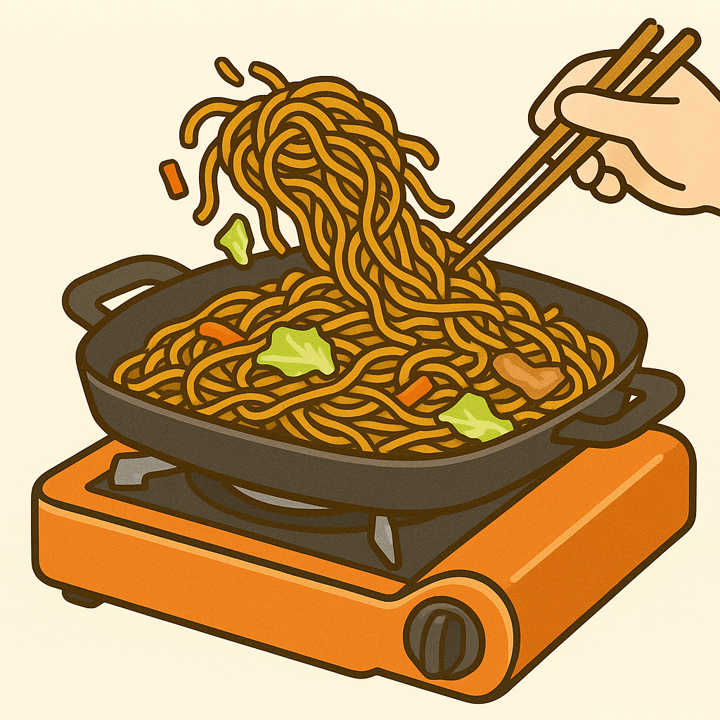 ガスコンロを使って焼きそばを作っている画像