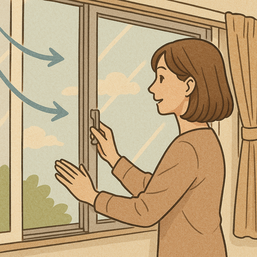 窓を開けて換気を行っている女性のイメージ画像