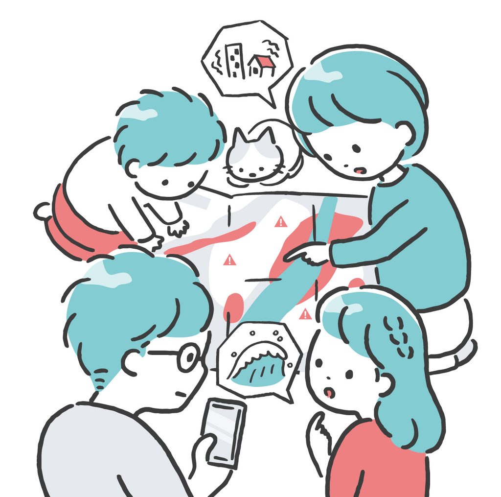 防災について話し合う家族のイメージイラスト画像

